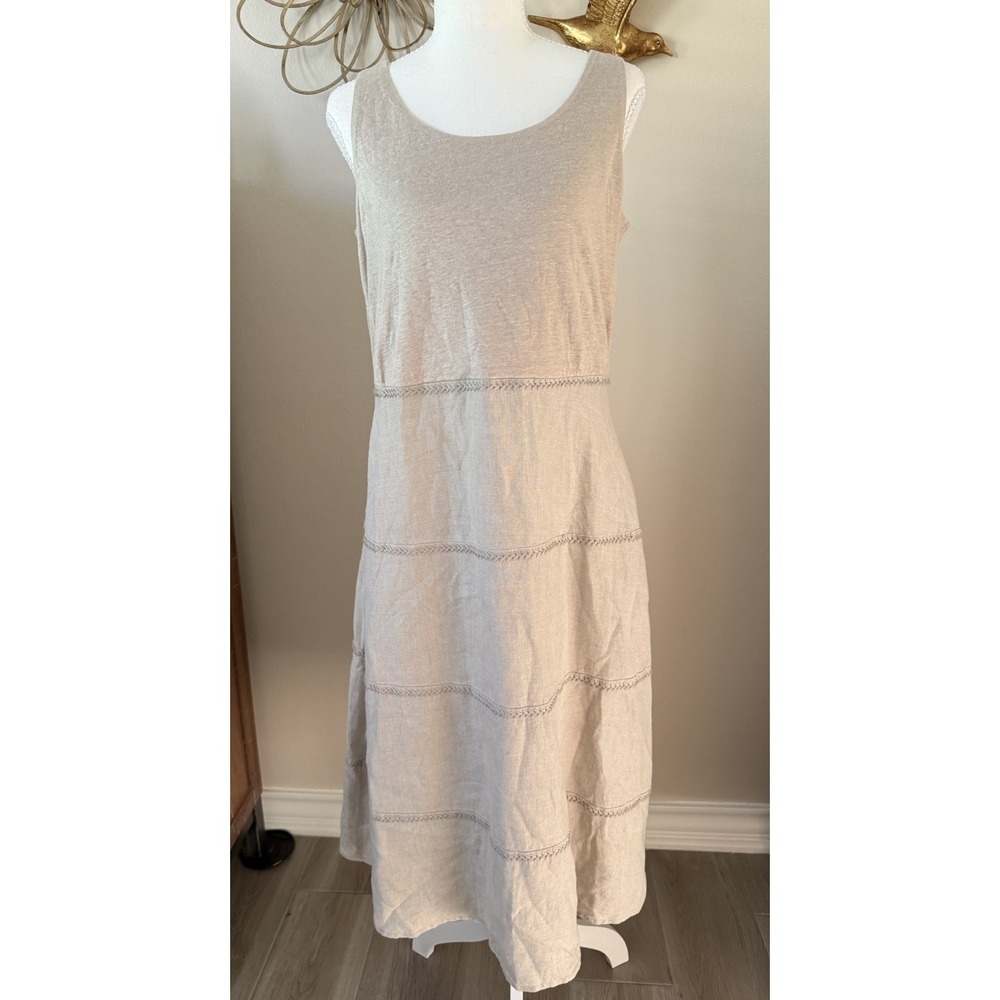 J Jill 100% Linen Dress XS Beige Sleeveless Tiered A Line Midi Boho Casual